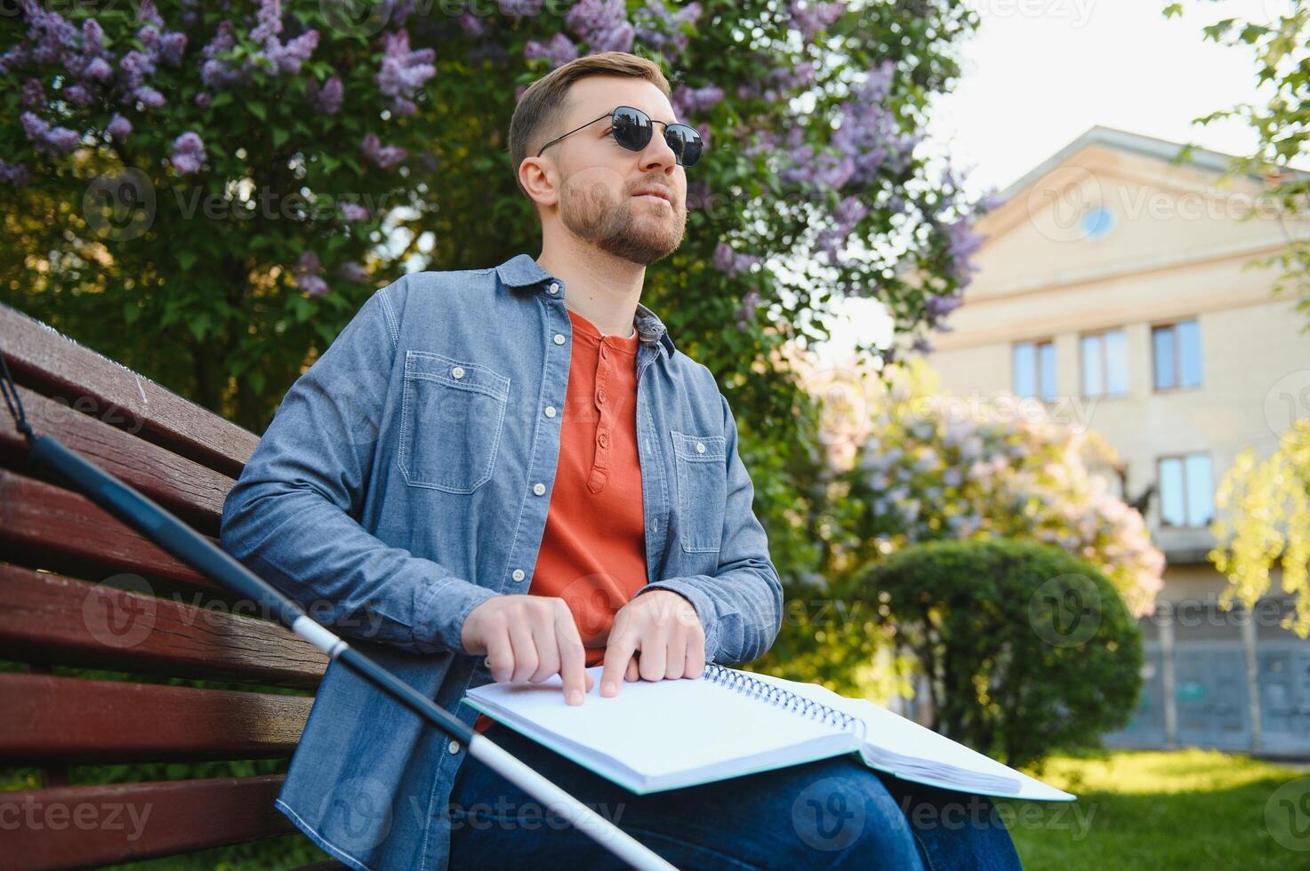 cieco uomo lettura braille prenotare, seduta su panchina nel estate parco, riposo foto