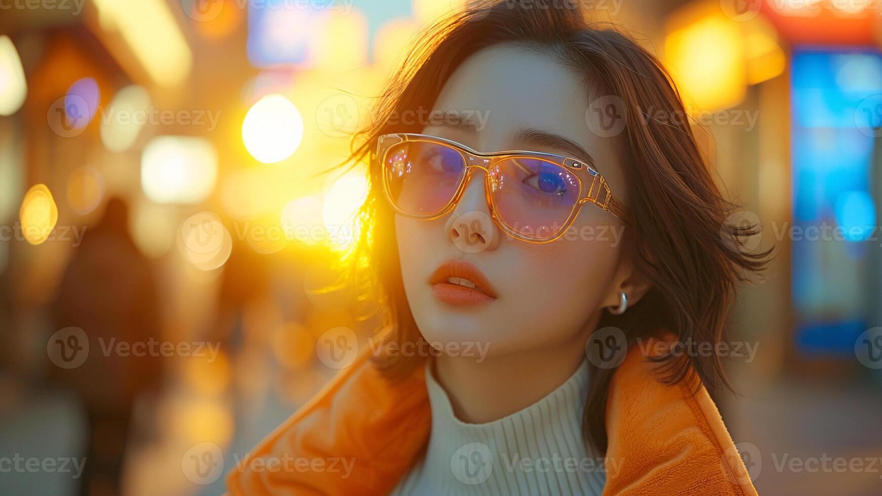 ai generato fiducioso asiatico donna navigazione con Augmented la realtà bicchieri foto