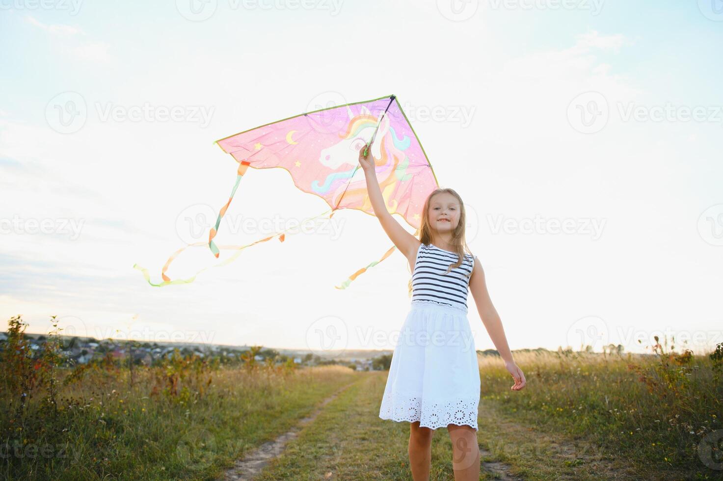 uno contento poco ragazza in esecuzione su campo con aquilone. foto