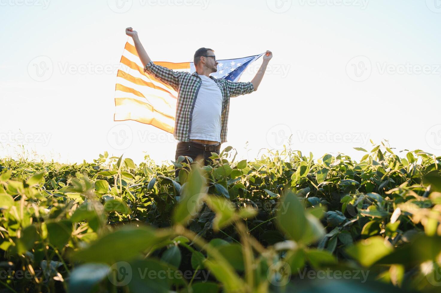 un' giovane contadino sta con un' Stati Uniti d'America bandiera nel un' soia campo. il concetto di il noi agricolo industria. foto