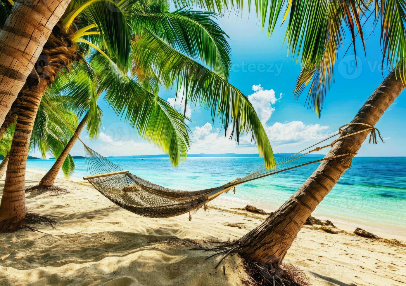 ai generato amaca su spiaggia a bellissimo tramonto vicino oceano riva allegato per un' palma albero. caraibico vacanza foto