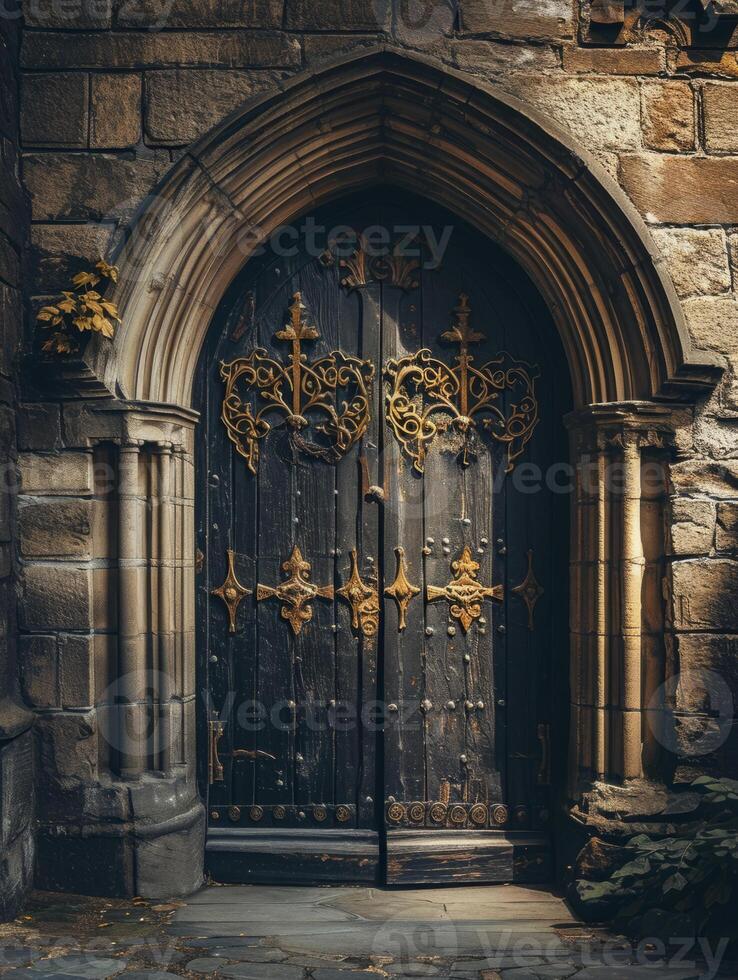 ai generato mistico medievale di legno porta Entrata. vecchio rustico Gotico porta. foto