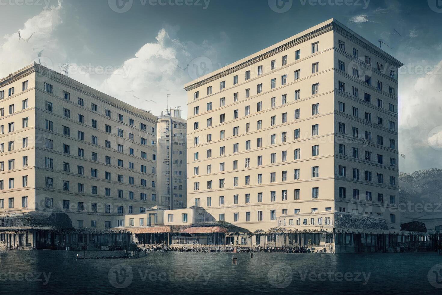 Hotel edificio e città costruzione concetto. sera all'aperto urbano Visualizza di moderno vero proprietà. generativo ai illustrazione. foto