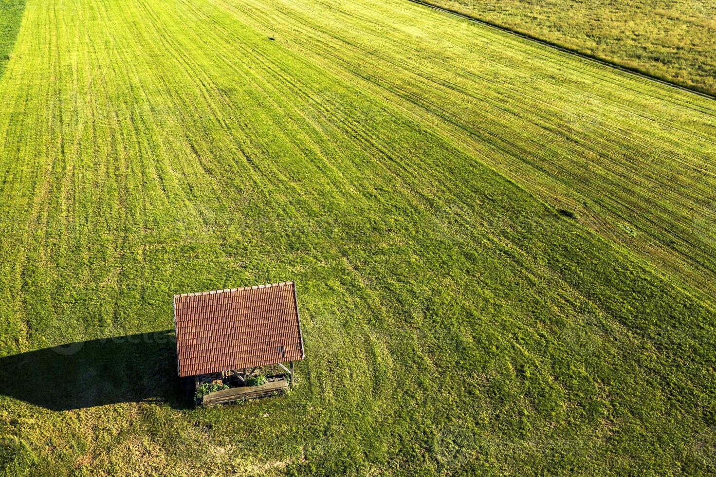 aereo Visualizza di il bellissimo paesaggio di un vecchio di legno Casa su un' verde campo foto