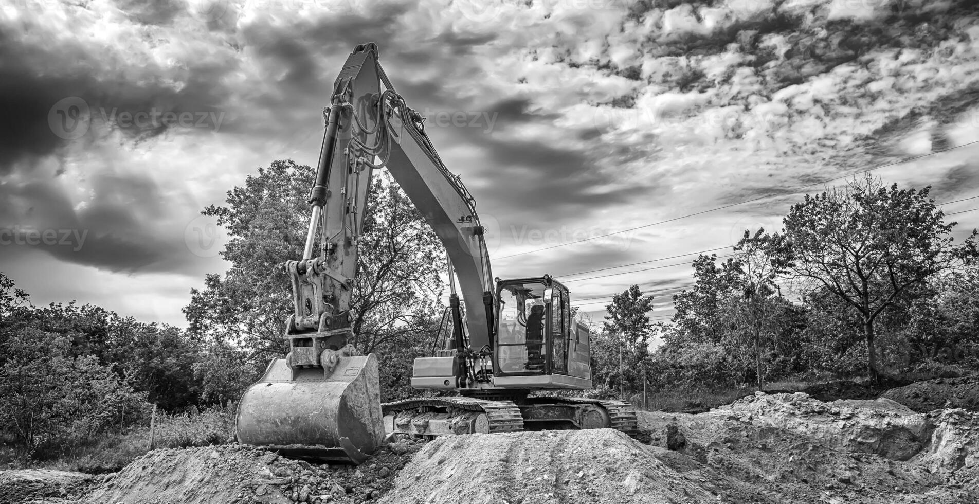 crawler scavatrice durante movimento terra lavori su costruzione luogo nel nero e bianca bandiera Visualizza foto