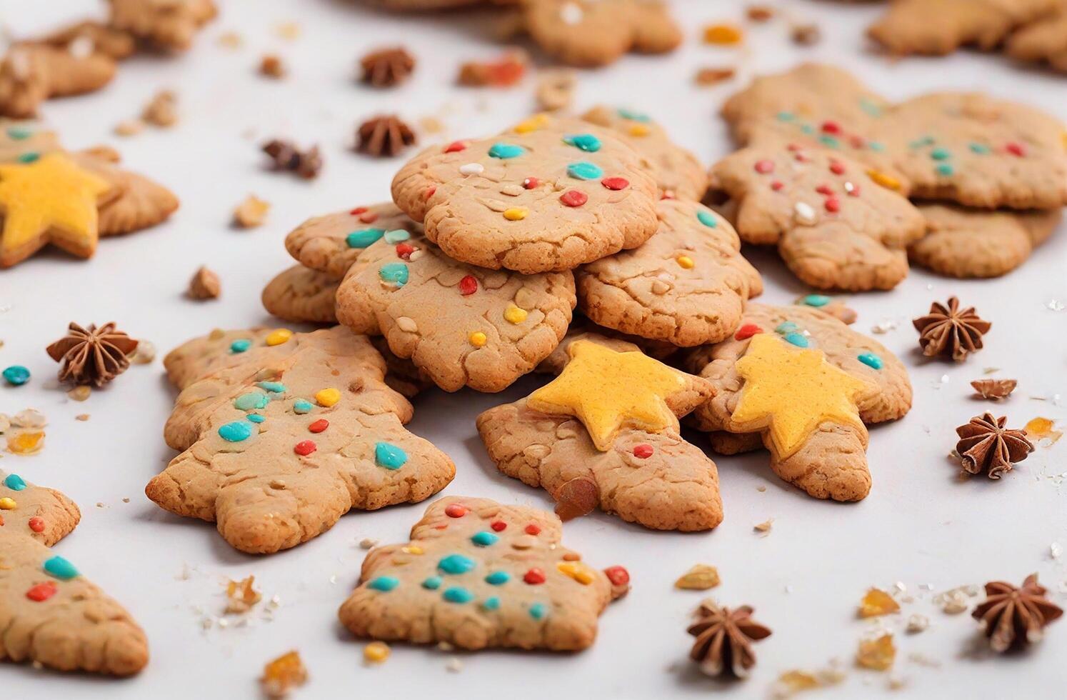 ai generato festivo Natale Zenzero e miele colorato biscotti su bianca tavola foto