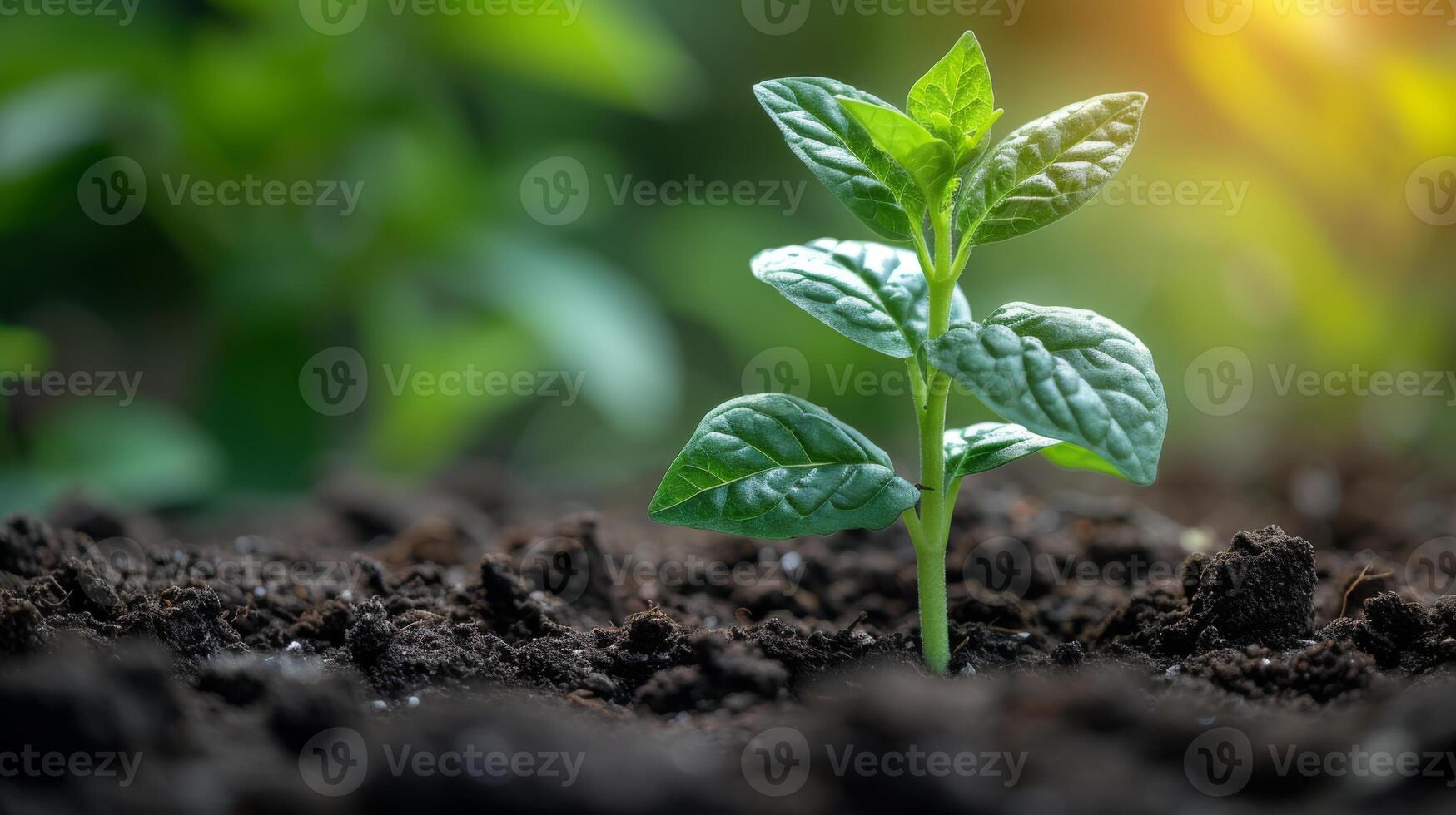 ai generato vicino su verde piantina in crescita su fertile suolo con sfocato natura sfondo. generativo ai foto