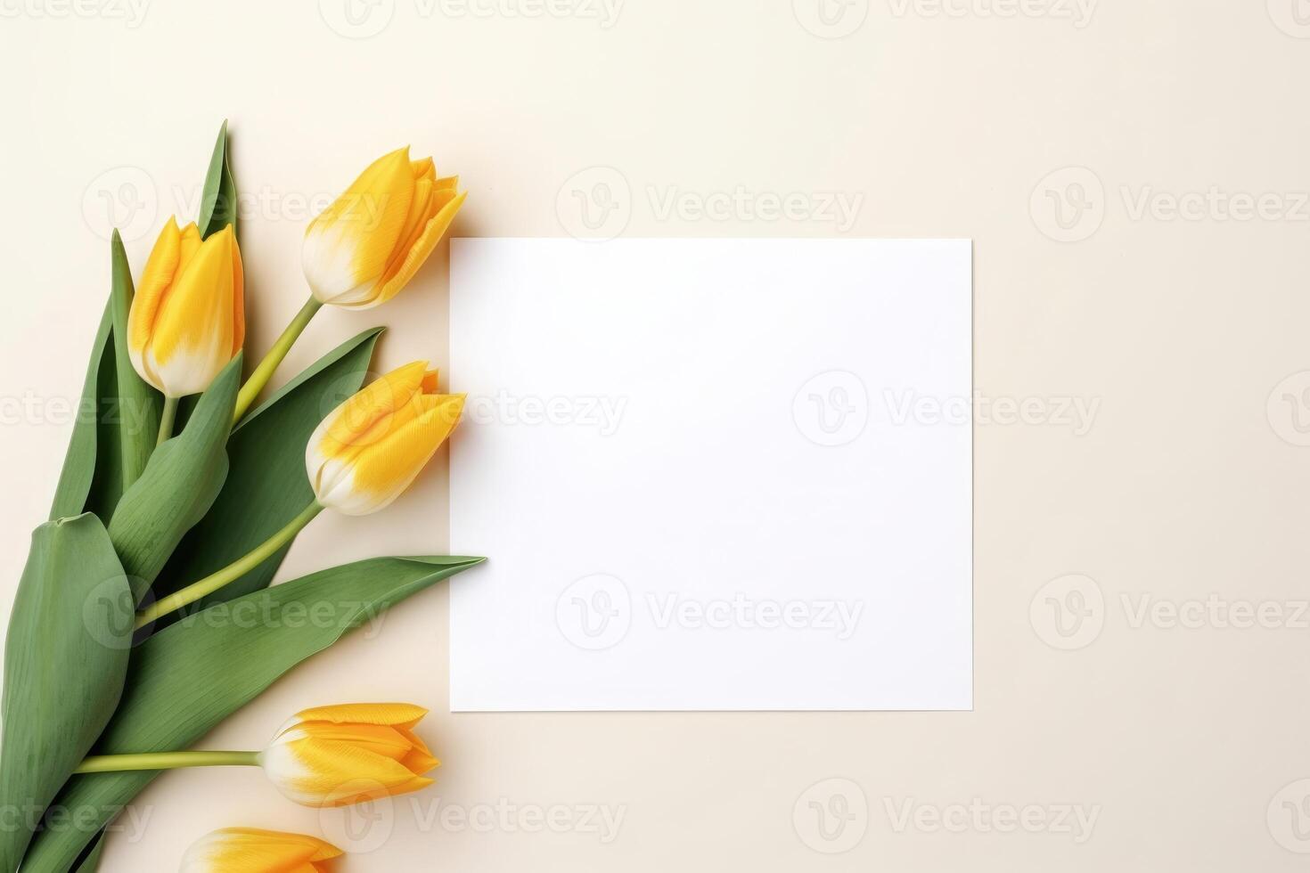 ai generato giallo mazzo di fiori tulipani sfondo su beige sfondo con vuoto spazio per testo foto