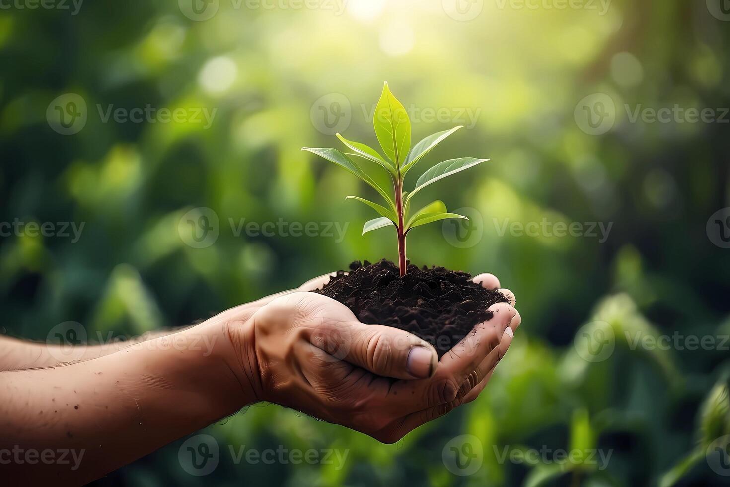 ai generato mano adulto uomo Tenere giovane pianta nel mano su primavera natura terra giorno concetto sfondo foto