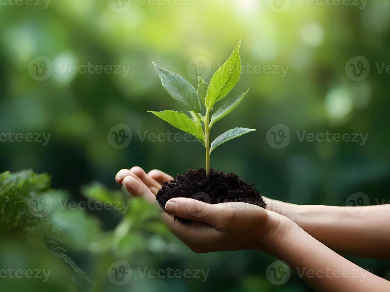 ai generato mano adulto uomo Tenere giovane pianta nel mano su primavera natura terra giorno concetto sfondo foto