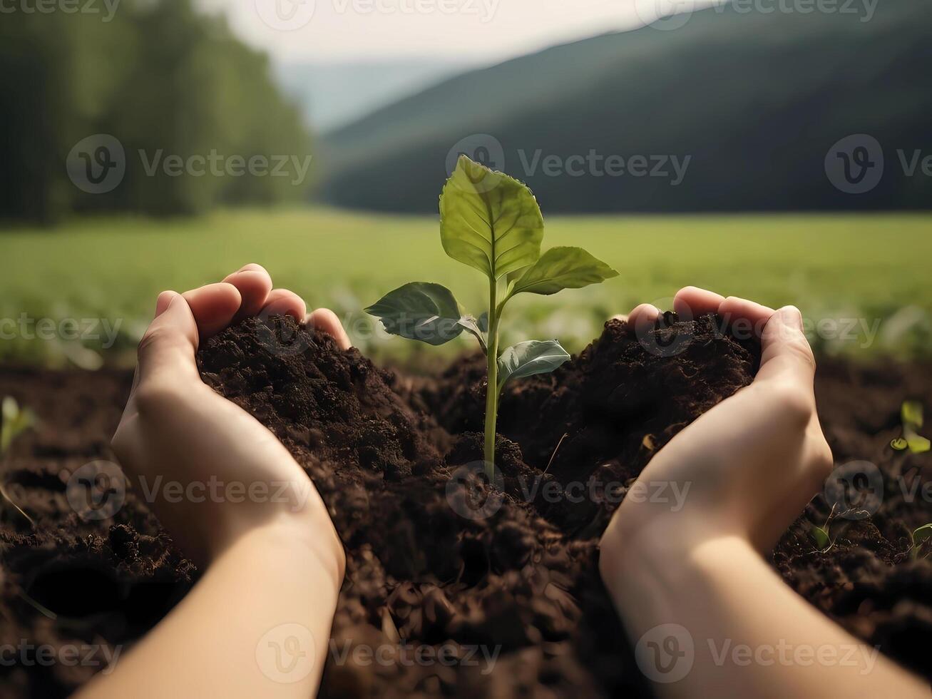 ai generato mano adulto uomo Tenere giovane pianta nel mano su primavera natura terra giorno concetto sfondo foto