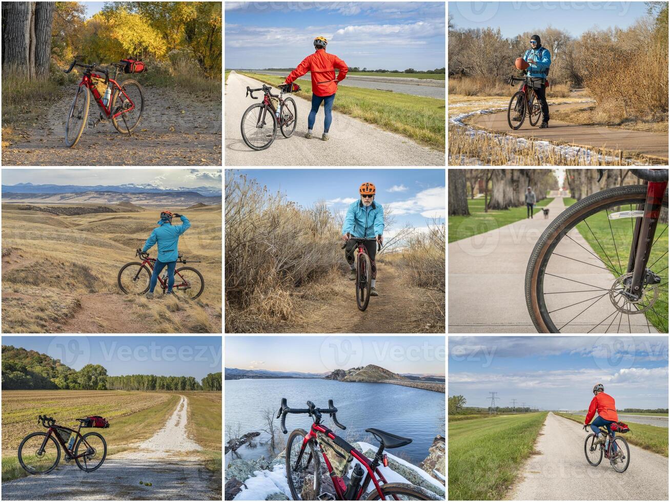 collage di immagini a partire dal ghiaia bike nel Colorado, Nebraska e Illinois con il stesso anziano maschio ciclista foto