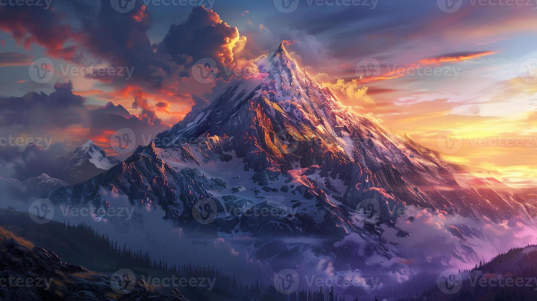 ai generato sbalorditivo natura scena,bellissimo montagna Visualizza nel d'oro ora ,alba o tramonto con d'oro leggero foto
