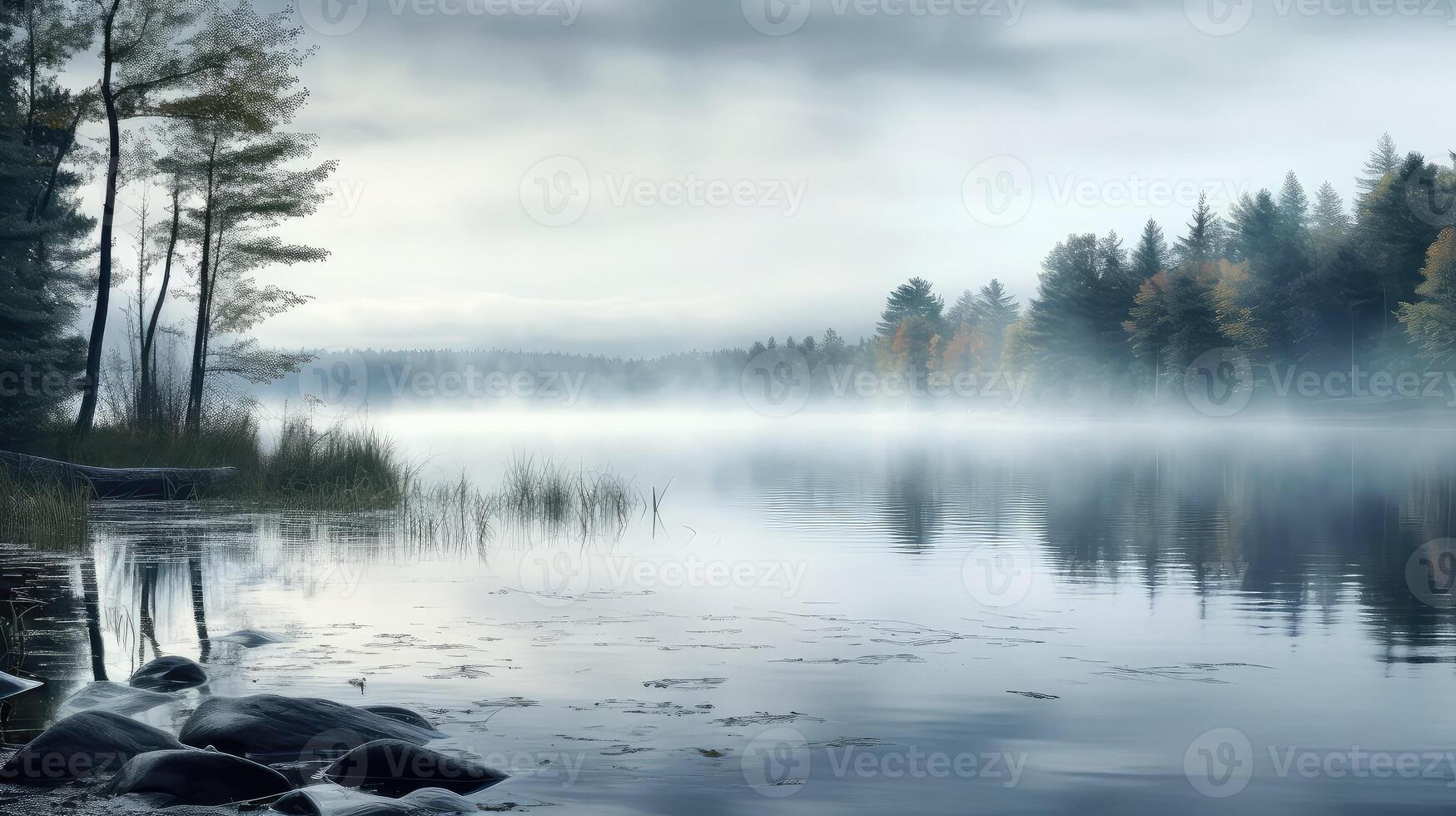 ai generato calma nebbioso lago ai generato foto