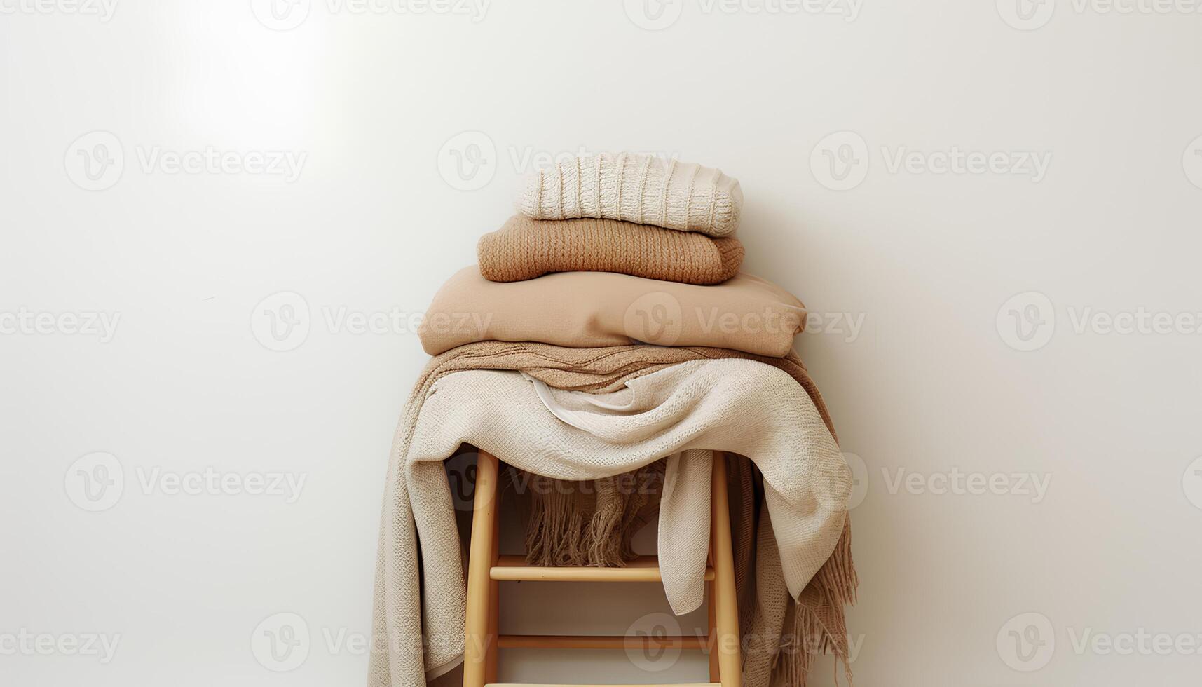 ai generato pila di caldo neutro beige Abiti su di legno sgabello al di sopra di bianca parete. cachemire e lana capi di abbigliamento nel freddo tonica colori. scandinavo stile foto