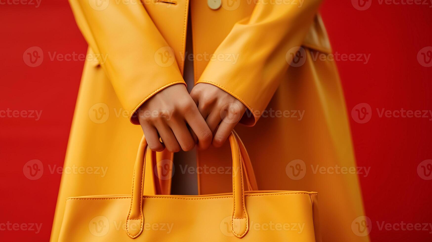 ai generato vicino su donna mani con giallo pelle Borsa. elegante signora indossare nel giallo pelle cappotto isolato su rosso sfondo. selettivo messa a fuoco foto