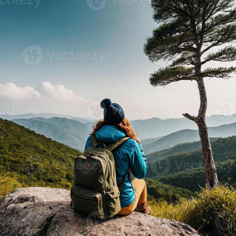 ai generato viaggiatore femmina donna seduta su il collina. foto