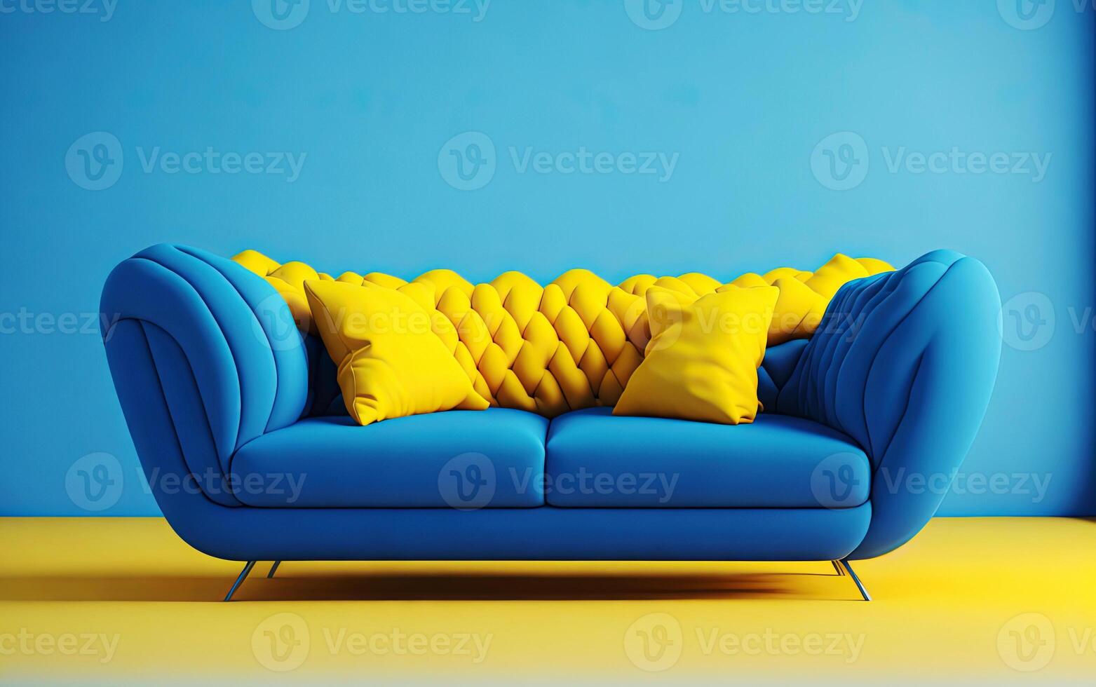 ai generato blu divano con colorato vuoto parete foto