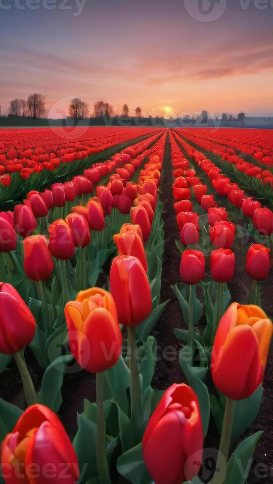 ai generato foto di campo di colorato tulipani rosso campo primavera. ai generato