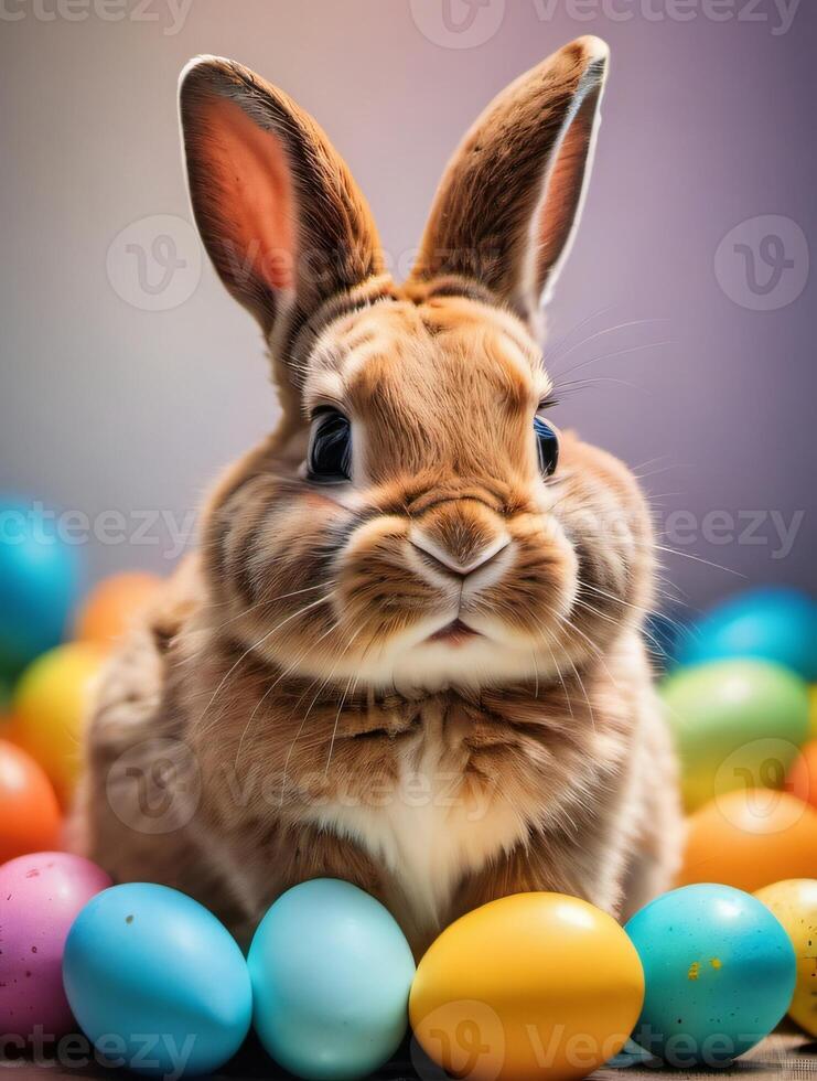 ai generato foto di contento Pasqua coniglietto con molti colorato Pasqua uova. ai generato