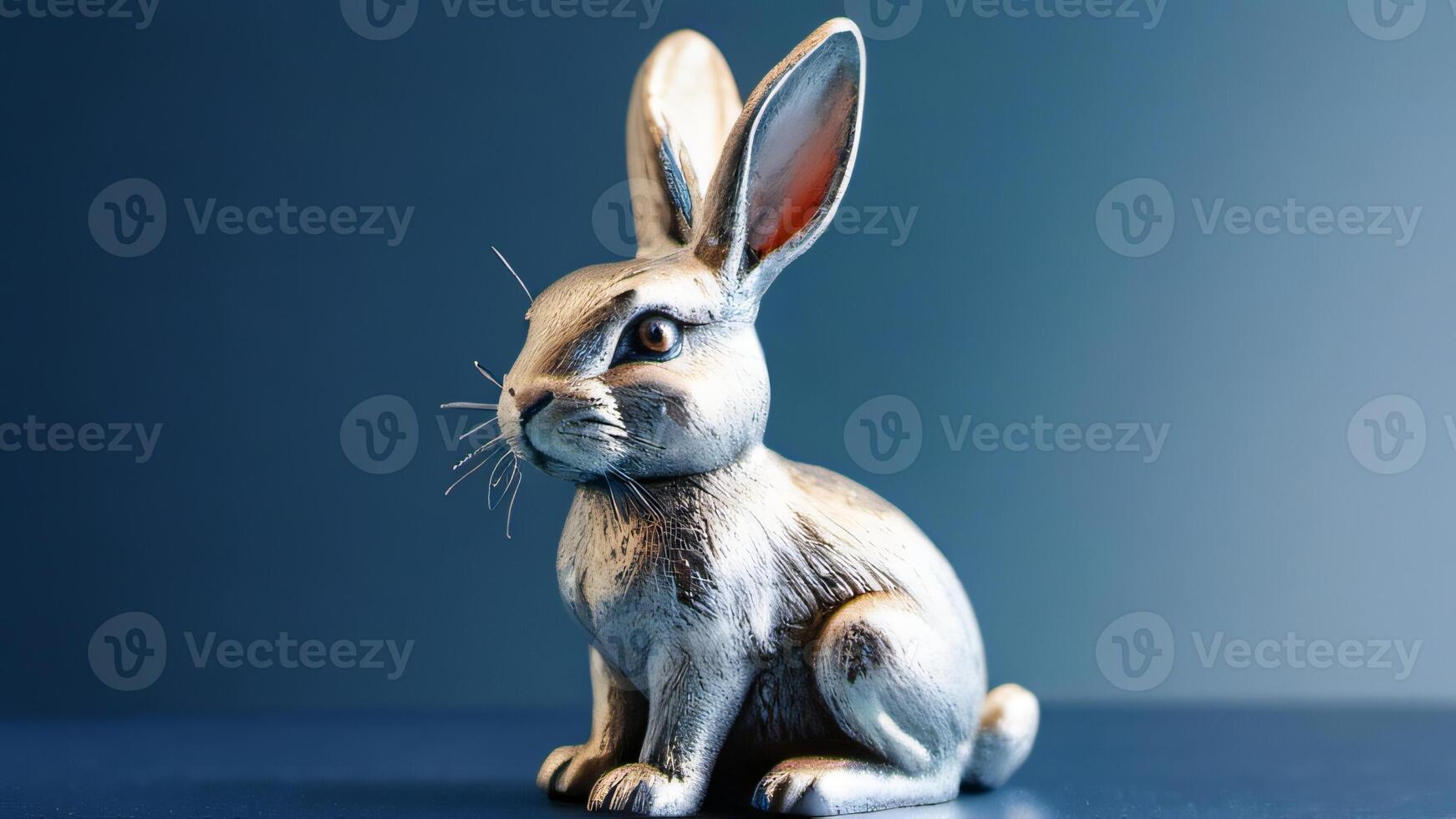 ai generato foto di un' brillante argento coniglietto coniglio figurina seduta su un' blu superficie con suo testa trasformato lontano a partire dal il telecamera. ai generato
