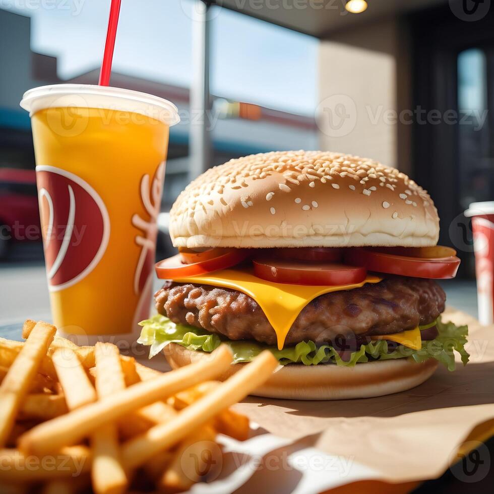 veloce cibo hamburger, patatine fritte e bevanda foto