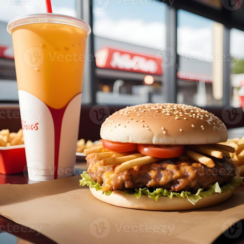 veloce cibo hamburger, patatine fritte e bevanda foto