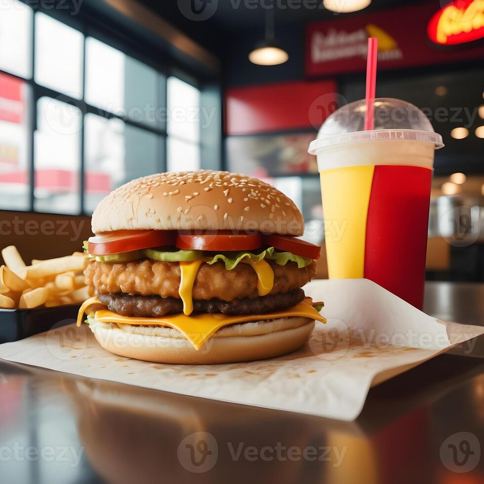 veloce cibo hamburger, patatine fritte e bevanda foto