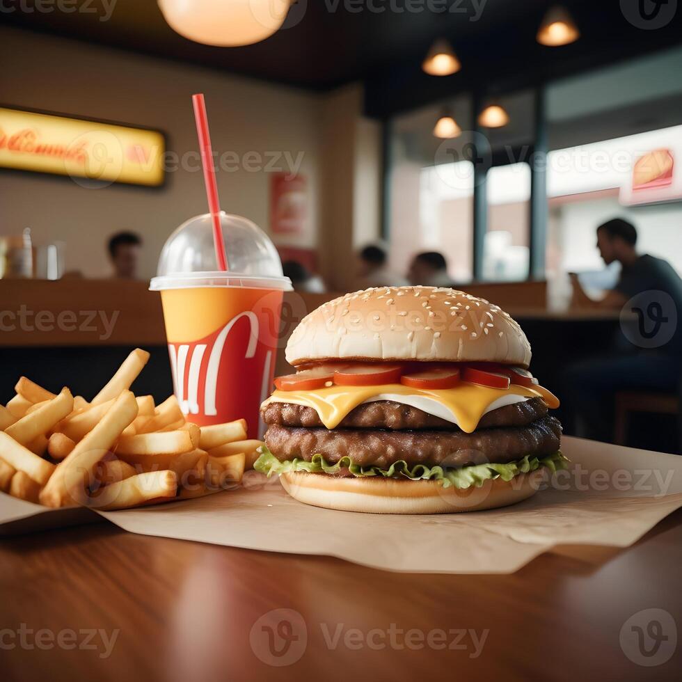 veloce cibo hamburger, patatine fritte e bevanda foto