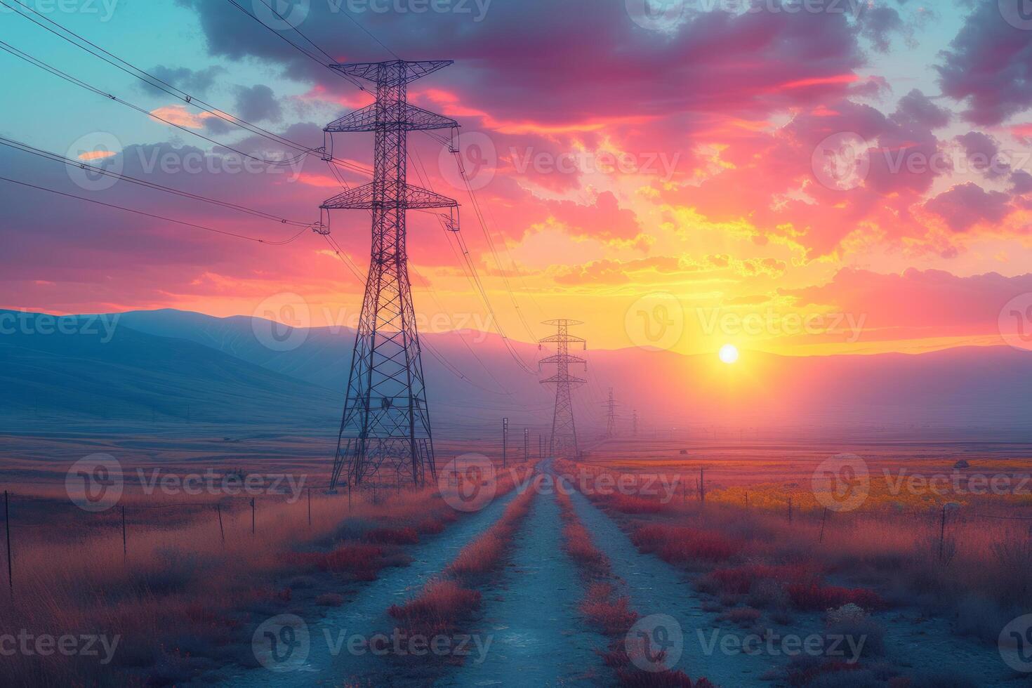 ai generato alto voltaggio torri e energia Linee nel il campo a tramonto foto