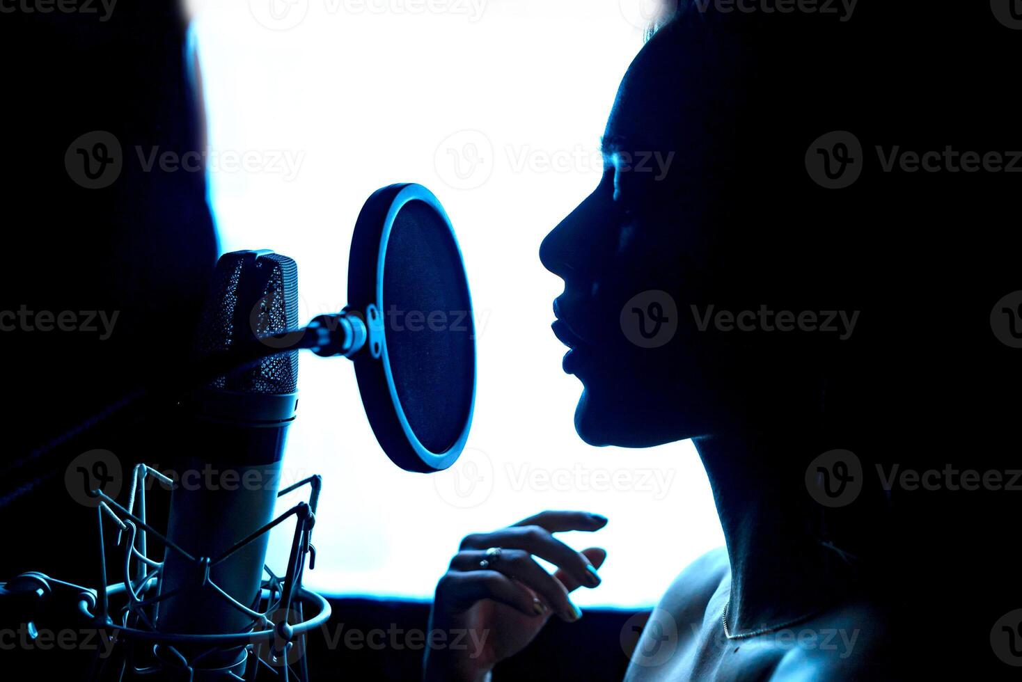 silhouette di musica appassionato femmina e il microfono nel il professionale studio. cantante nel davanti di un' microfono. avvicinamento. foto