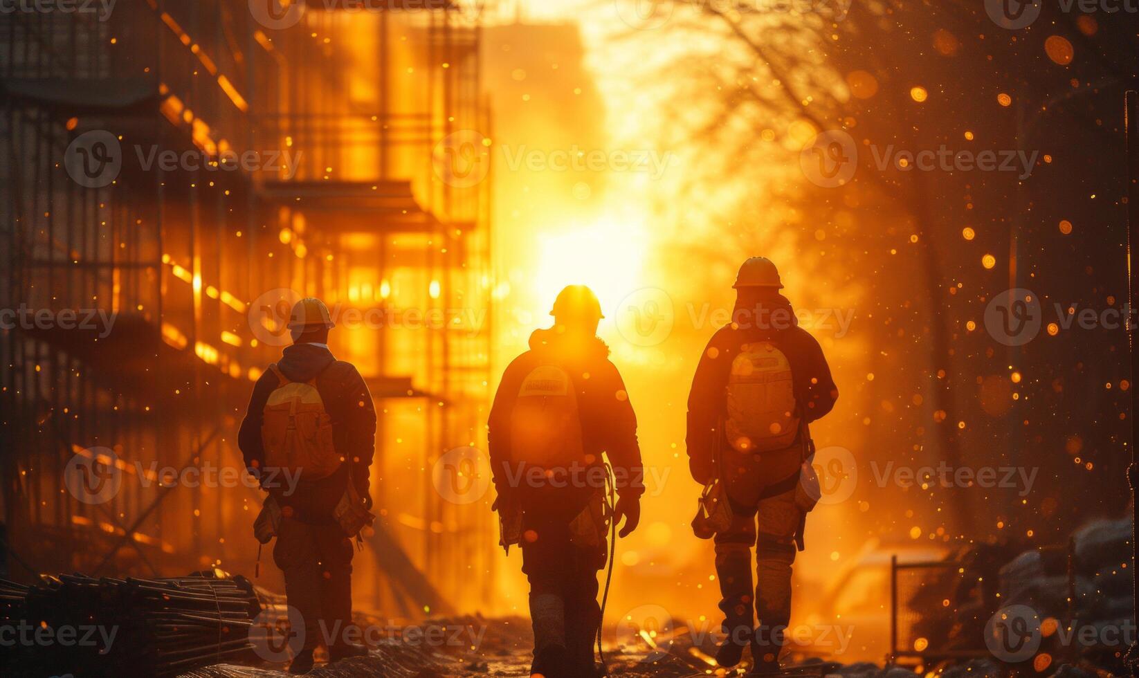 ai generato tre i vigili del fuoco a piedi nel il neve a tramonto foto