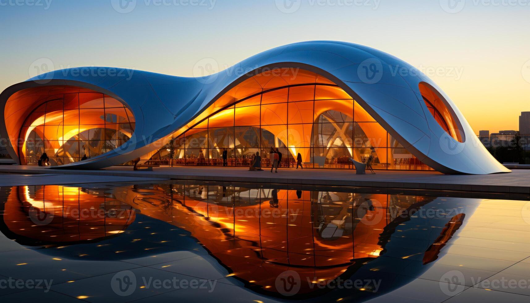 ai generato architettonico Olimpiadi avanti Cristo g20. il edificio è moderno edificio con piscina il sera cielo e il città foto