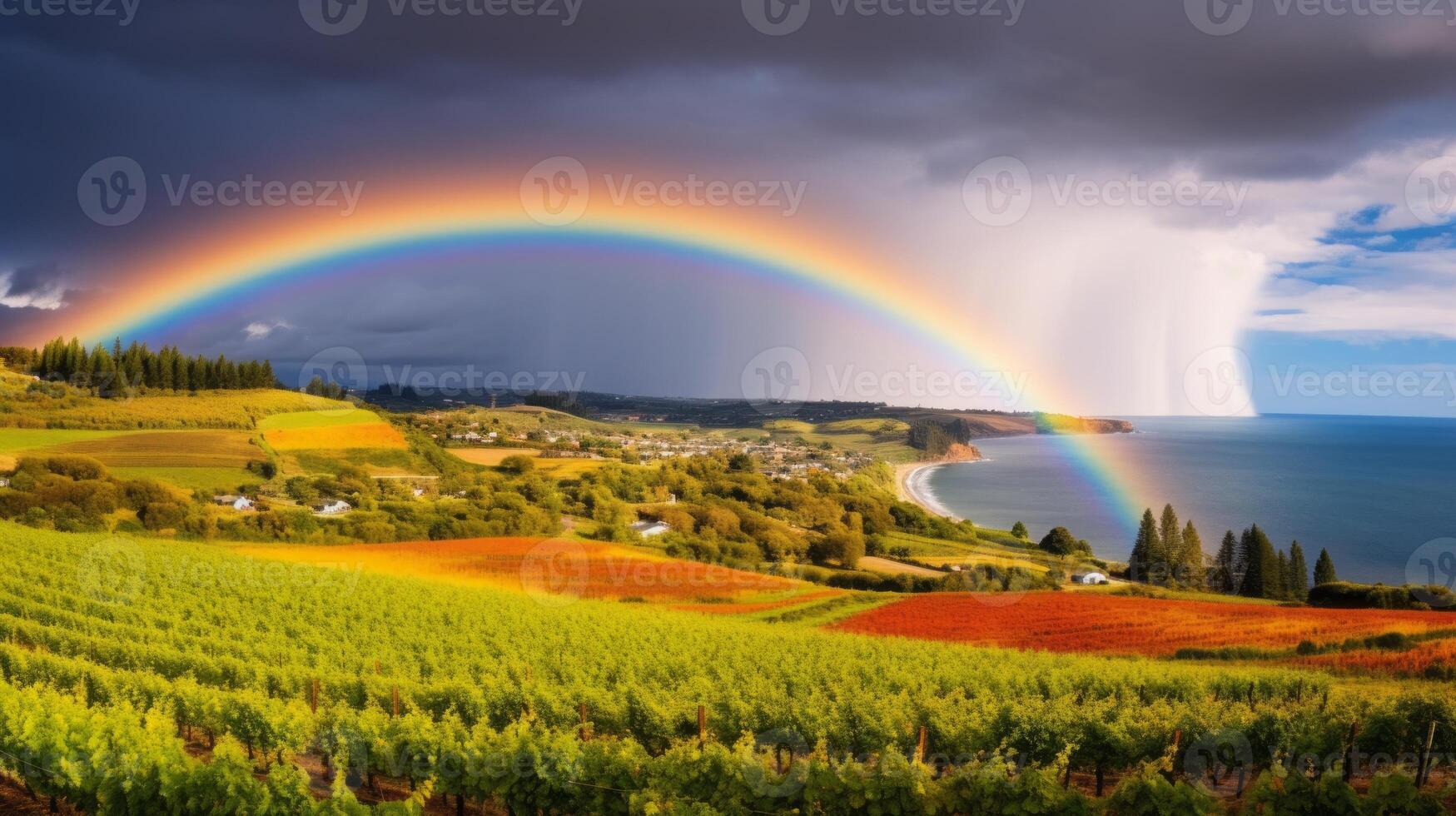 ai generato arcobaleno al di sopra di un' costiero vigneto foto