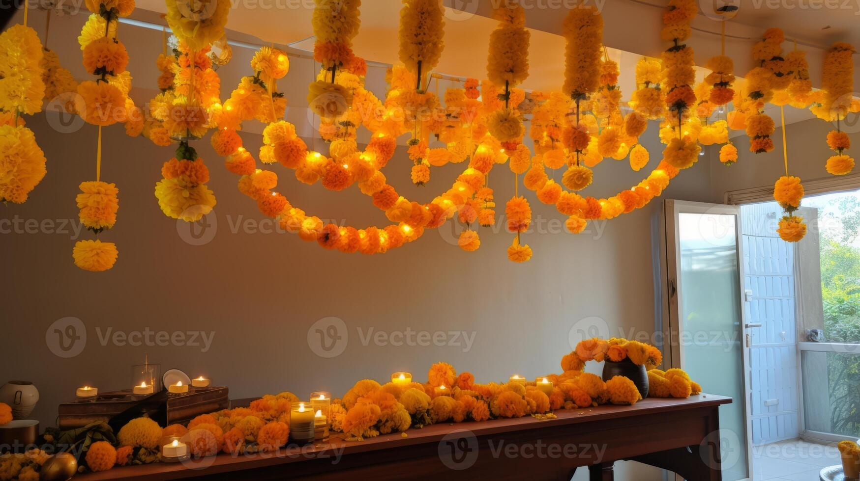 ai generato Diwali decorazioni con calendula ghirlande foto