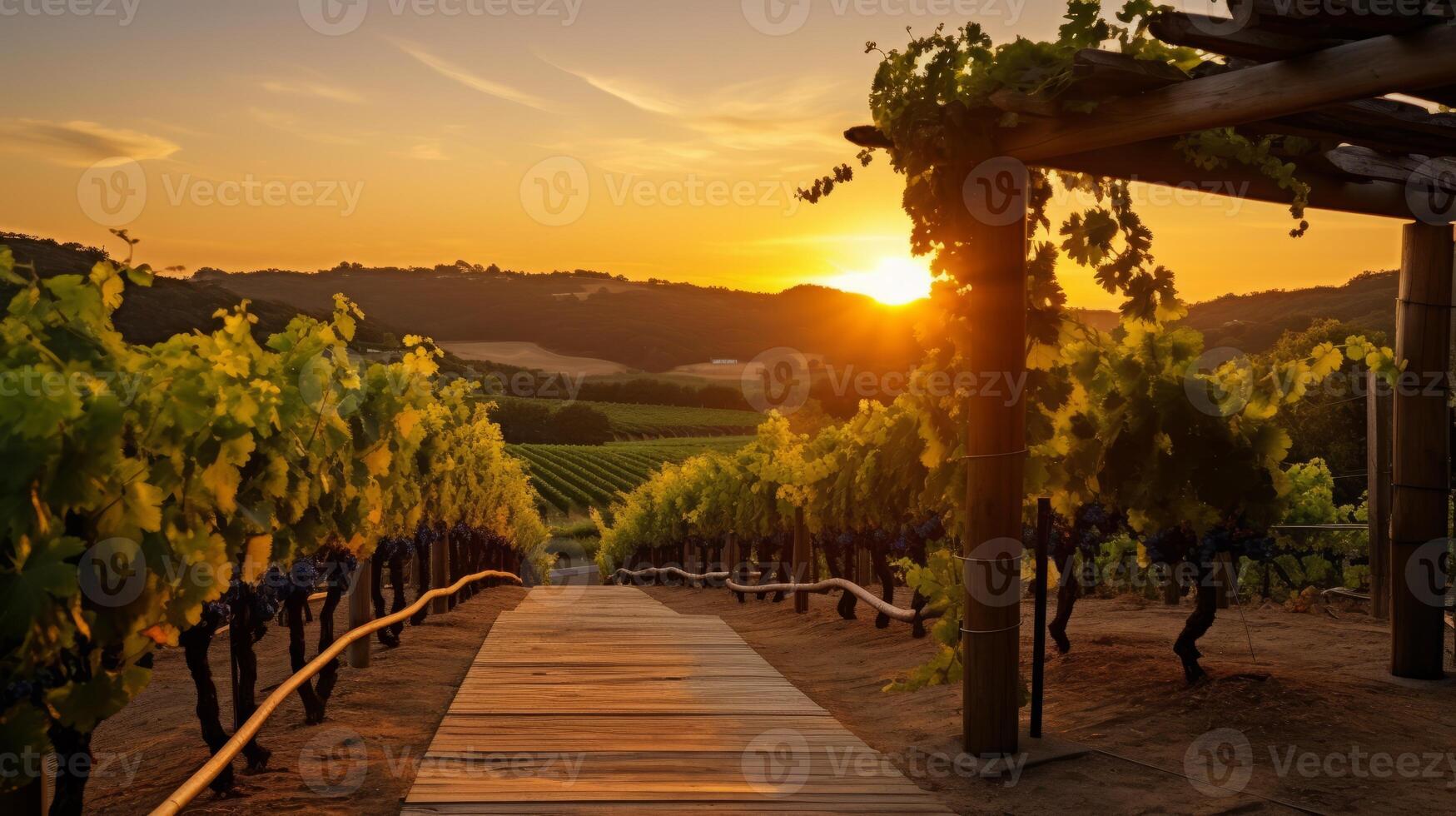 ai generato un' tranquillo, calmo vigneto a tramonto per un' romantico vino a tema chiamata foto