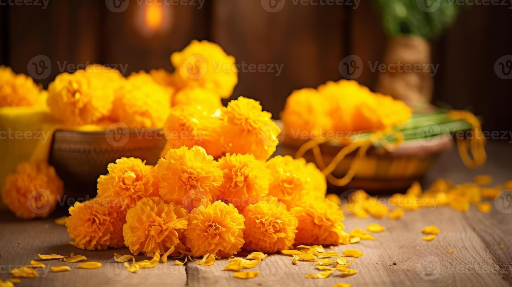 ai generato Diwali decorazioni con fresco e fragrante calendula ghirlande foto