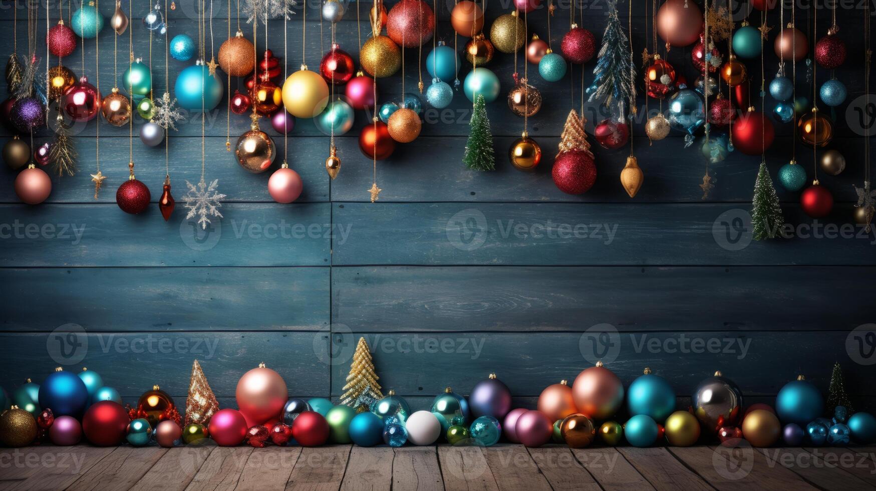 ai generato gioioso Natale fondale con colorato ornamenti foto