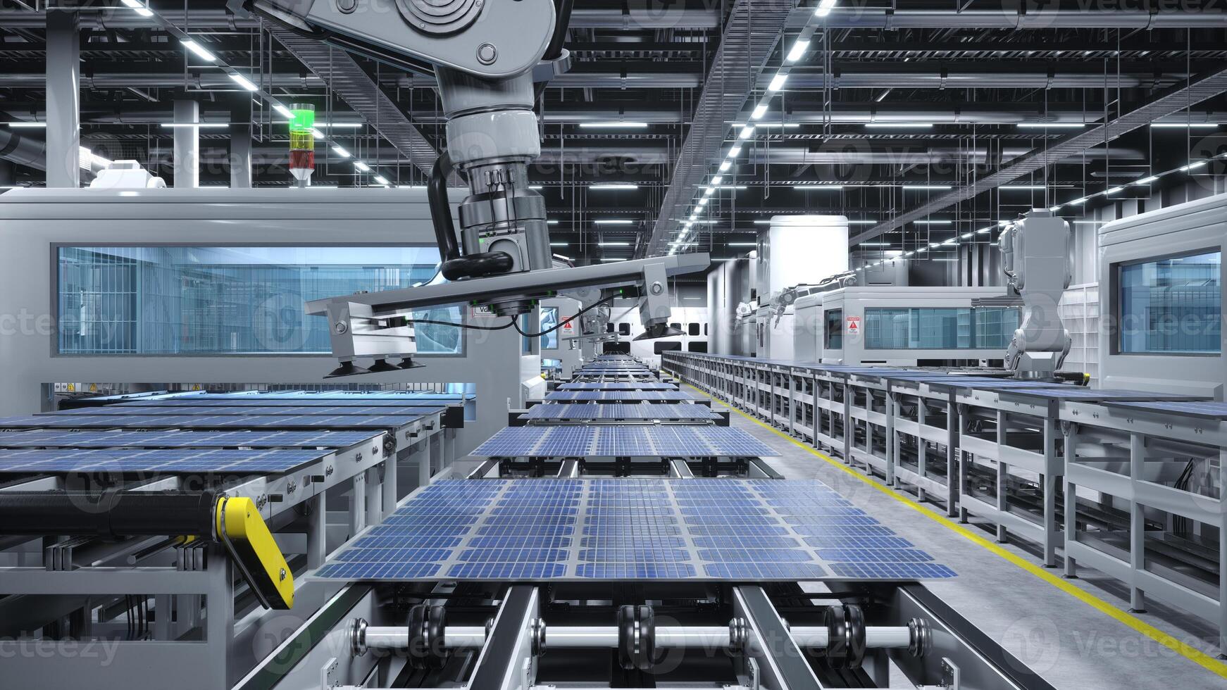 solare pannello fabbrica con robotica braccia collocazione pv moduli su automazione linee, 3d illustrazione di industriale edificio interno. massa produzione magazzino producendo solare cellule per verde energia industria foto