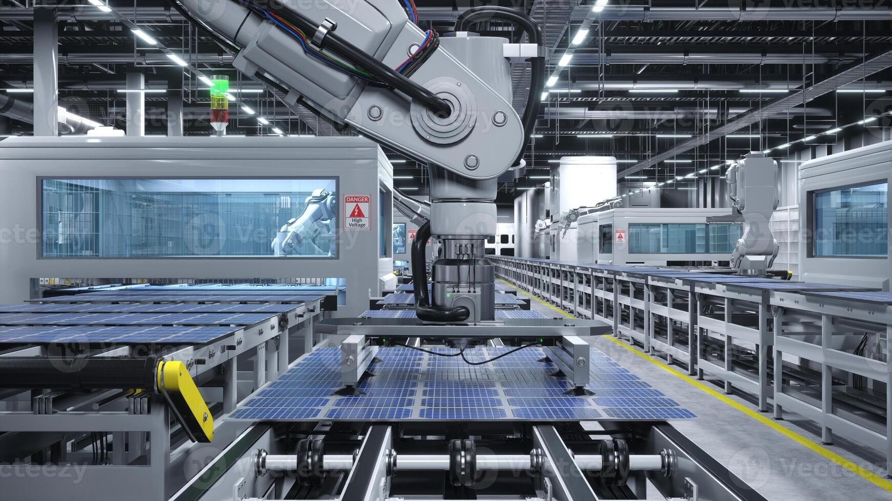 industrializzato solare pannello magazzino con robotica braccia collocazione fotovoltaico moduli su automatico montaggio linee, 3d resa. produzione servizio, struttura producendo pv cellule per verde tecnologia industria foto