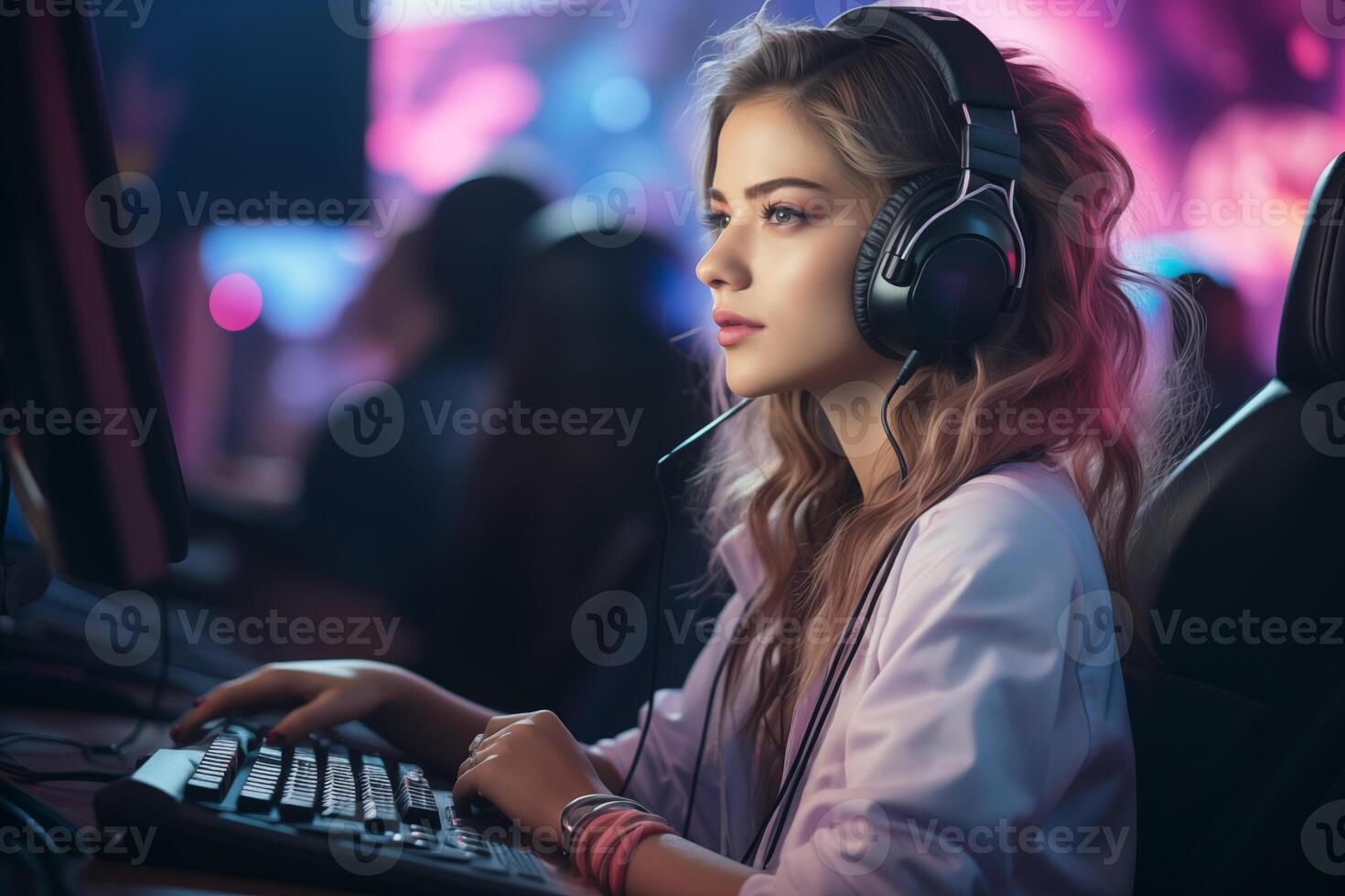 ai generato e-sport giocatore, stella filante giovane donna giocando un' gioco .cyber sport, esport concetto. generativo ai foto