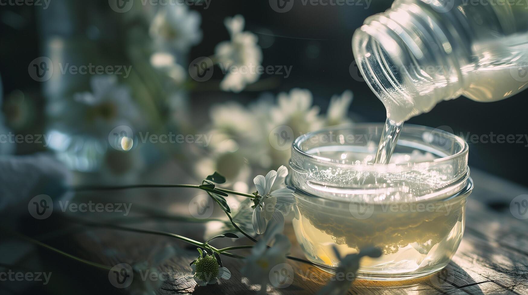 ai generato il cosmetico Prodotto è versato a partire dal un' plastica bottiglia in un' bicchiere vaso su un' sfondo di fiori selvatici. eco concetto. fotorealistico natura sfondo con bokeh effetto. ai generato. foto