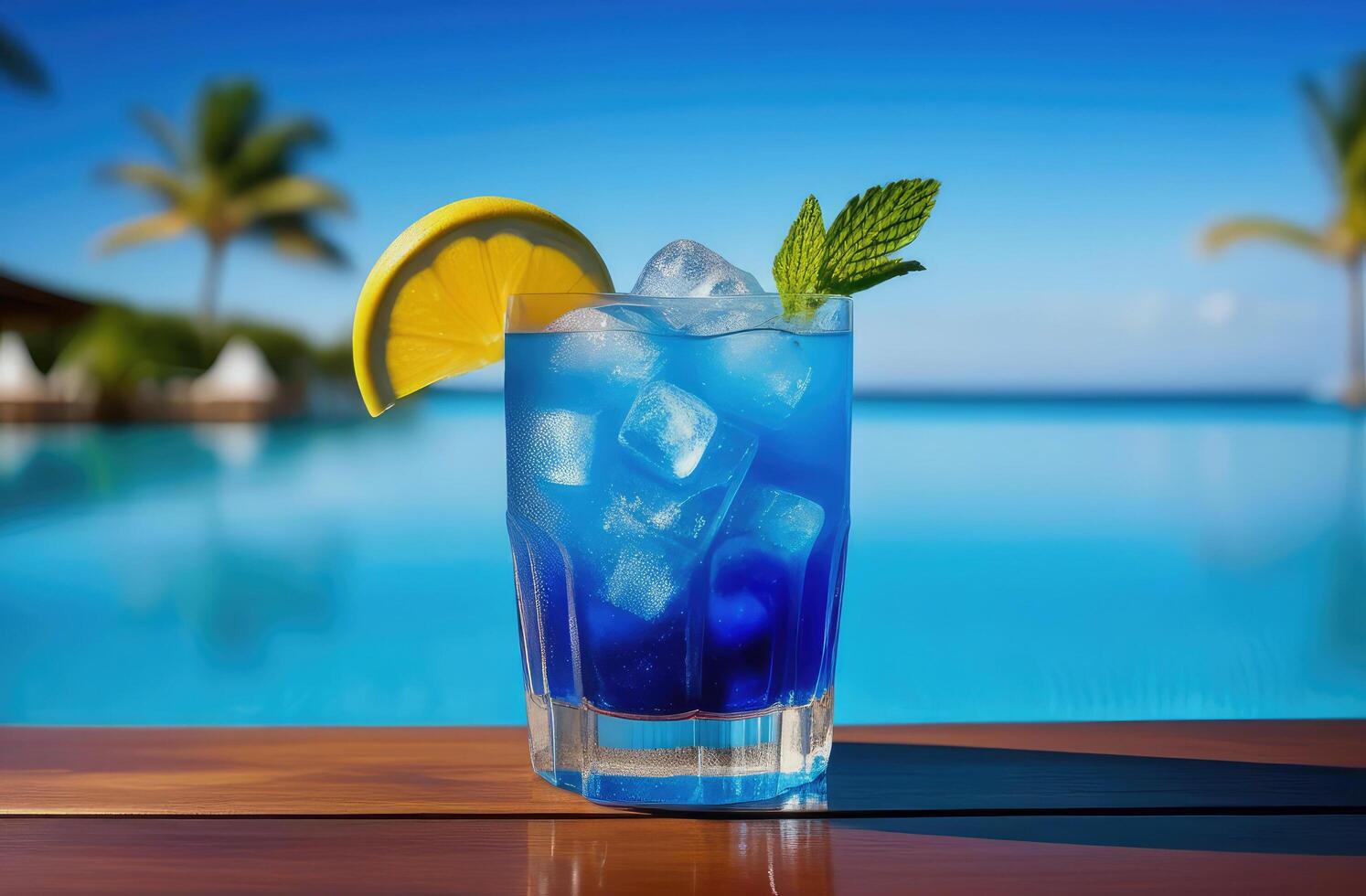 ai generato un' raffreddamento blu luminosa cocktail con ghiaccio cubi su il piscina foto