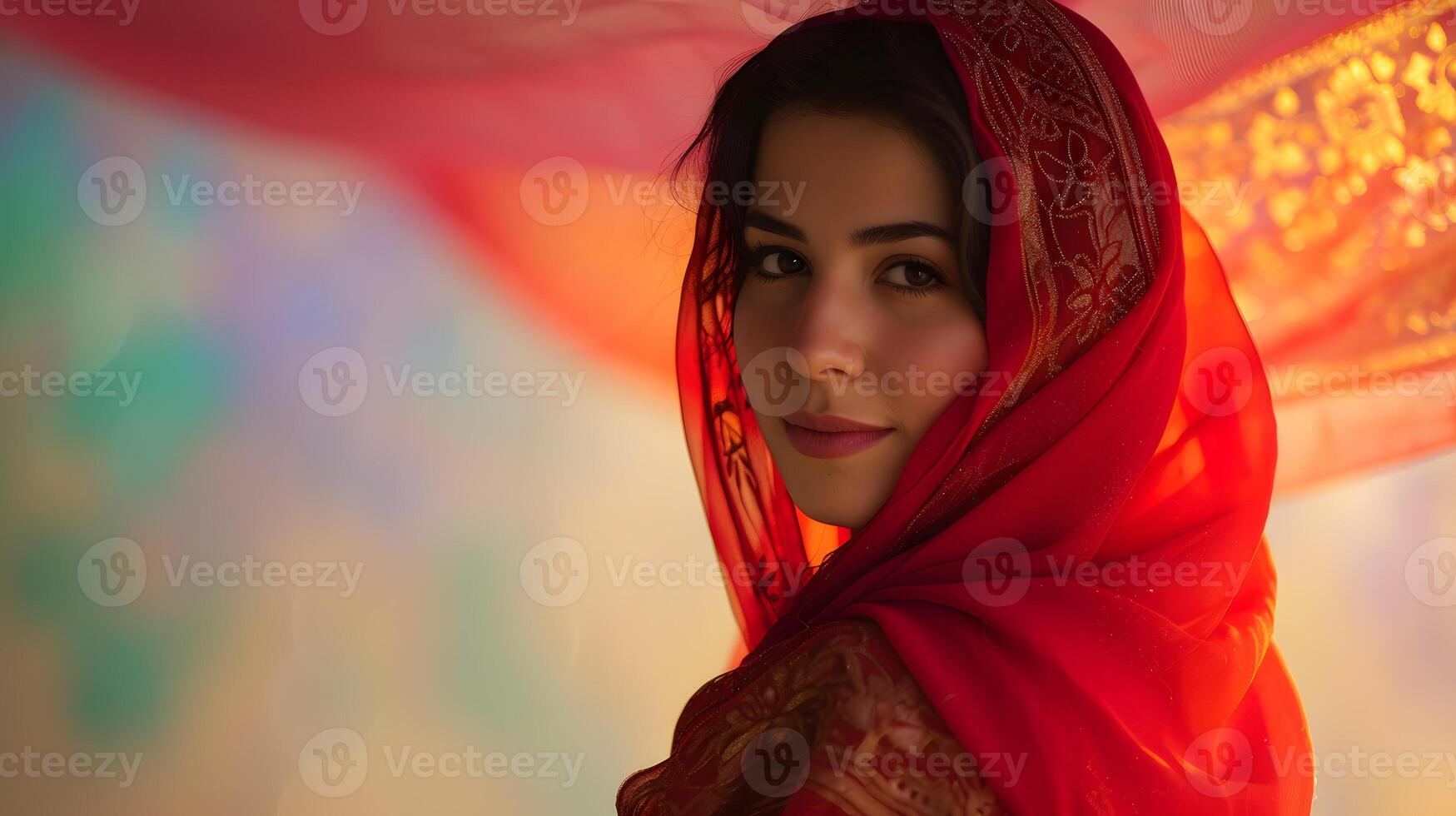 ai generato donna con rosso sciarpa in giro sua testa foto