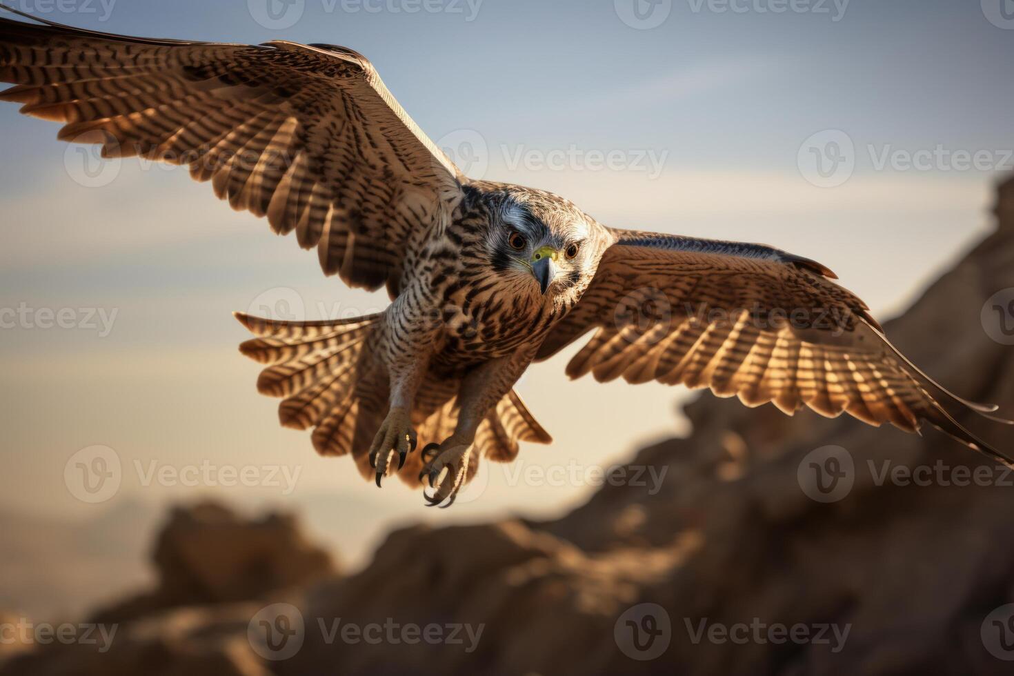 ai generato vivido volante falco tramonto. creare ai foto