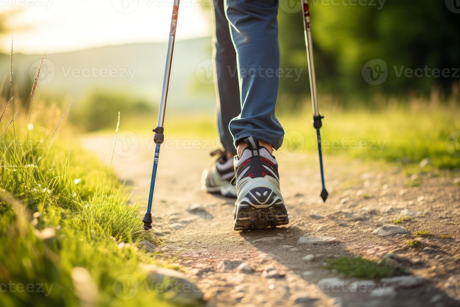 ai generato determinato uomo praticante nordico a piedi con poli all'aperto. creare ai foto