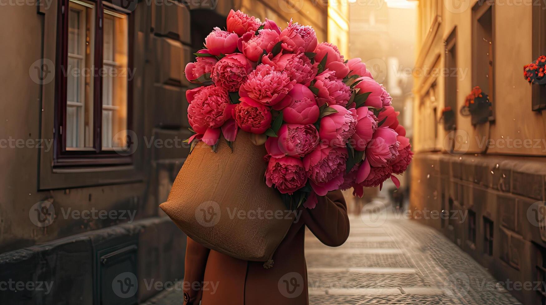 ai generato un' 35 anni signora, radiante felicità come lei trasporta un' grande Borsa pieno con vivace peonie, sua alto statura e elegante cappotto aggiungendo per il fascino di il scena. foto