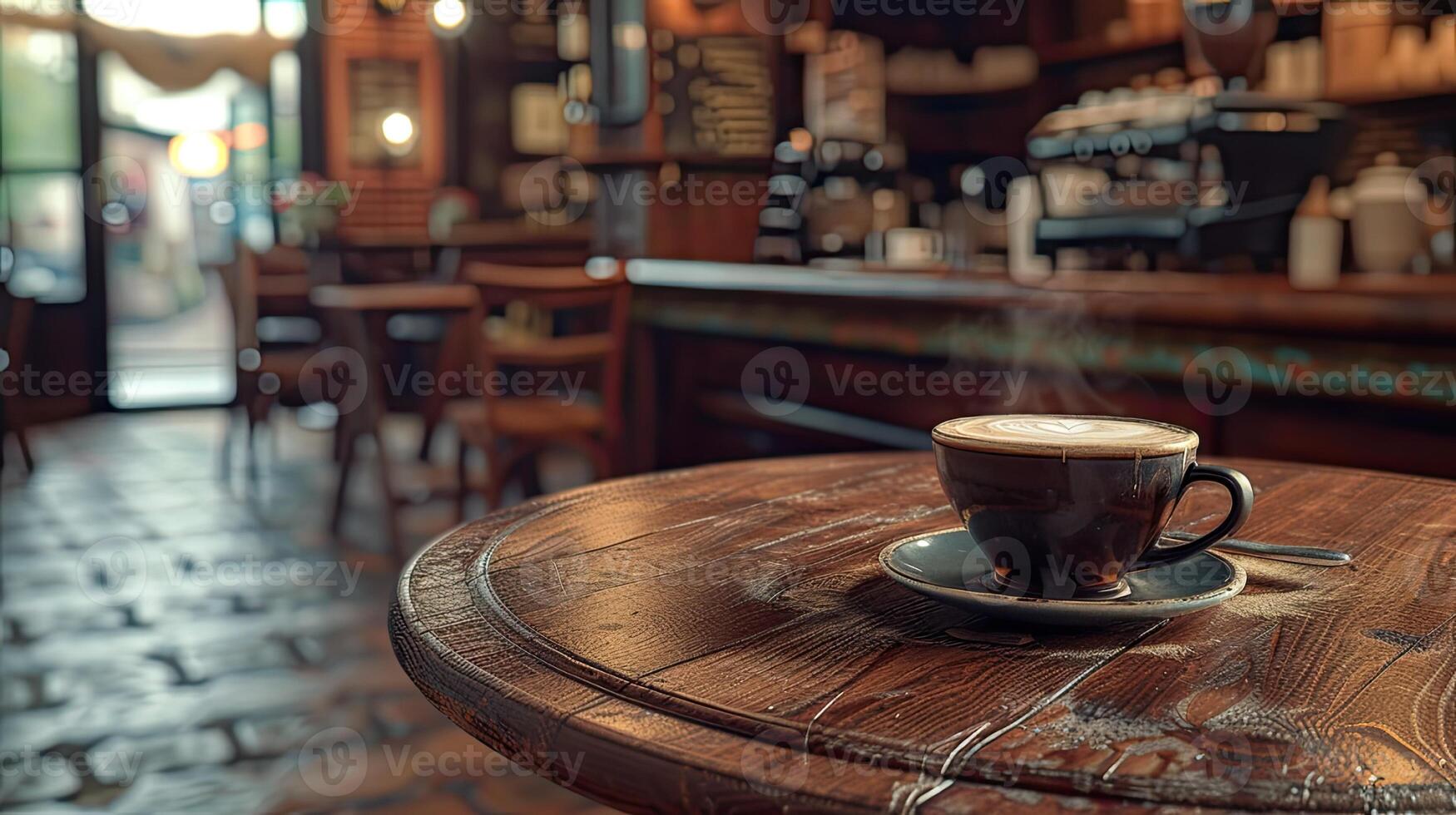ai generato bellissima solido legna caffè tavolo come il focale punto, ornato con un' cottura a vapore tazza di nero caffè, contro il fondale di un' meravigliosamente decorato bar. foto