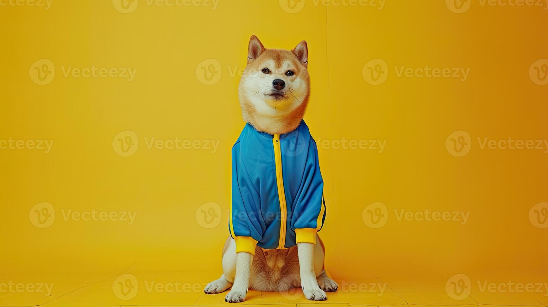 ai generato un' carismatico Grasso shiba inu scioperi un' posa nel un' elegante blu tuta, accentuato di grassetto giallo strisce lungo il lati, la creazione di un' cinematico fotografia quello irradia atteggiamento. foto