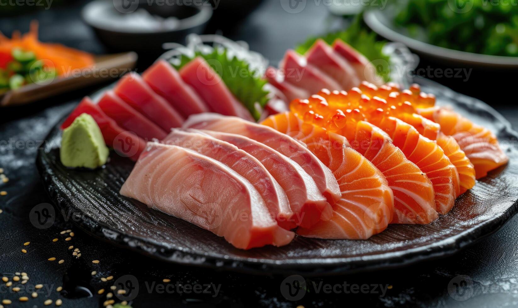 ai generato crudo fresco salmone sashimi servito su nero piatto, giapponese cibo stile foto